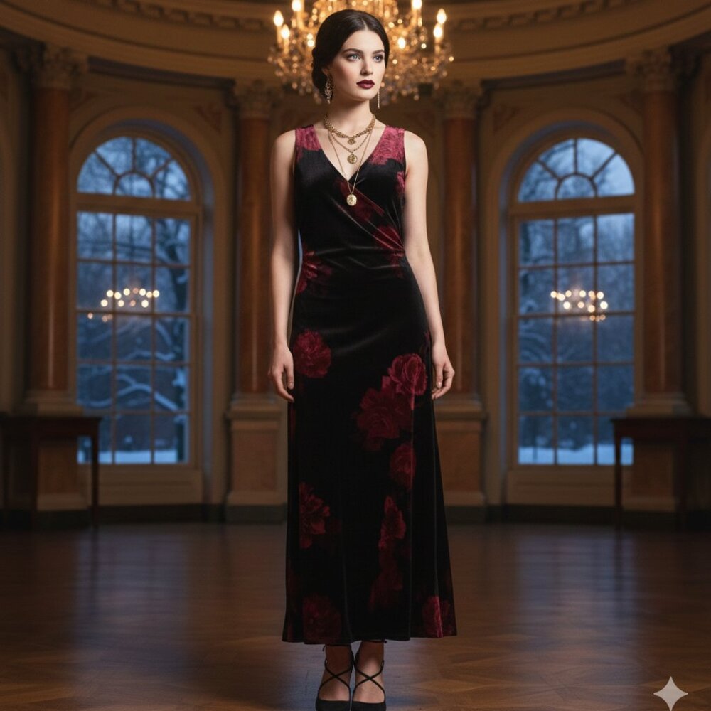 VTG CDC Black Burgundy Floral Velvet Maxi Dress Sz 12 90s Whimsigoth Romance